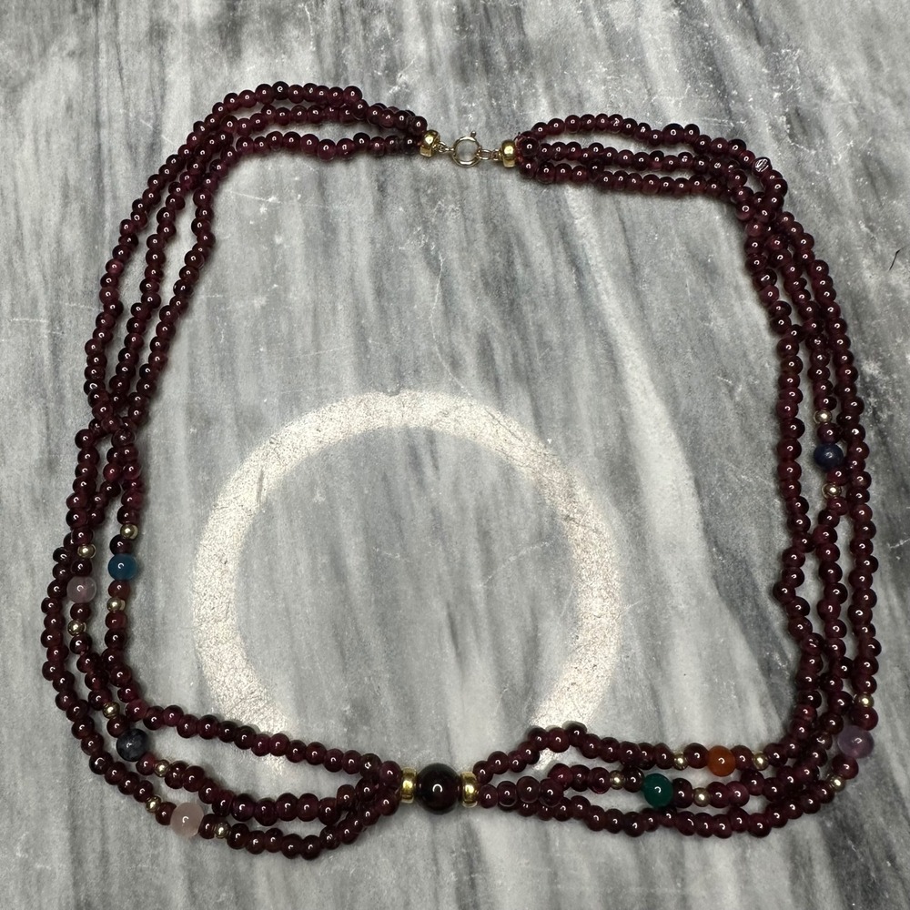 Vintage 14K Gold Triple Strand Garnet & Multi-Gemstone Beaded Necklace 18"